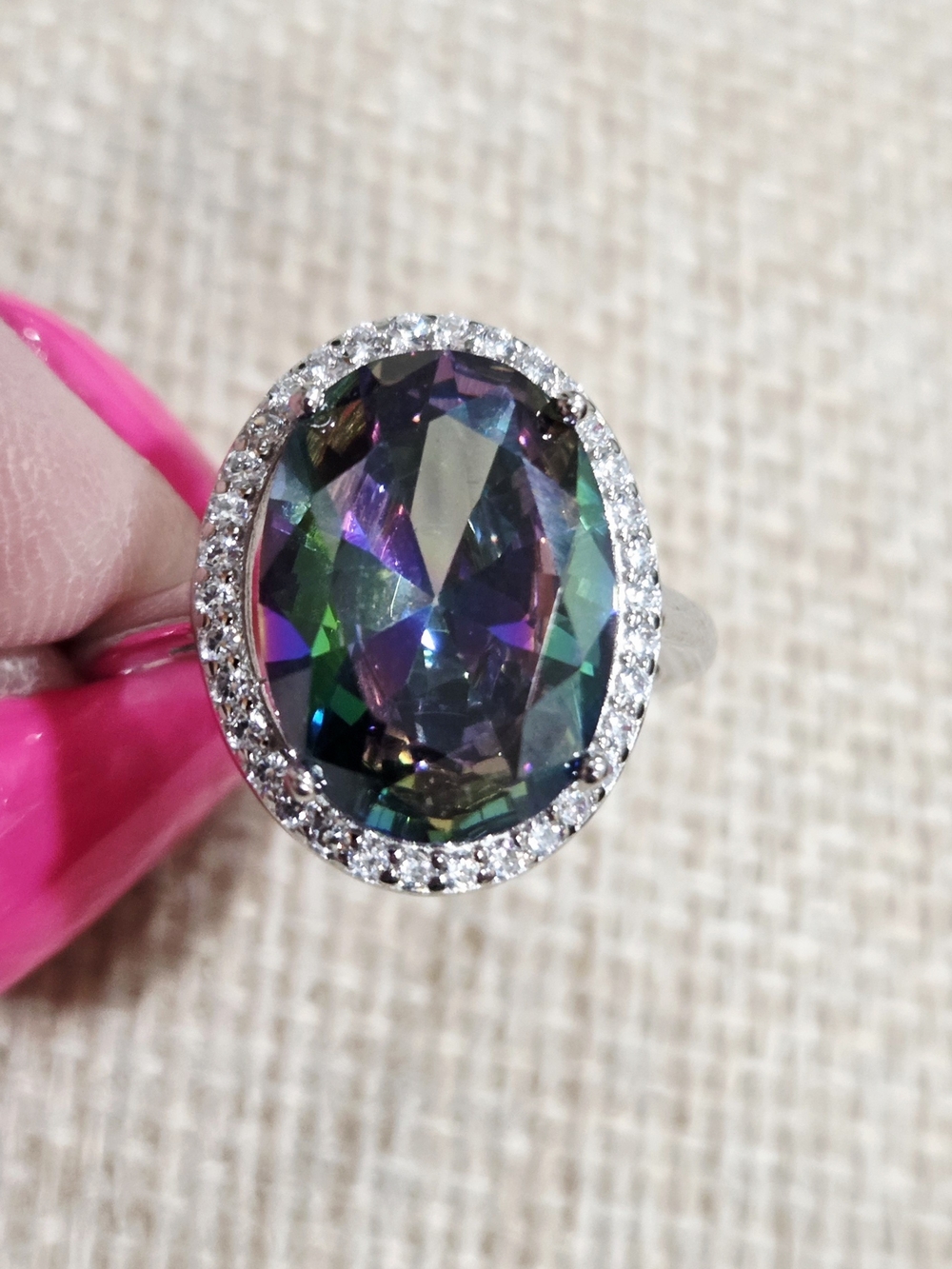 Mystic Oval Halo Ring - Sterling Silver~ Size 7